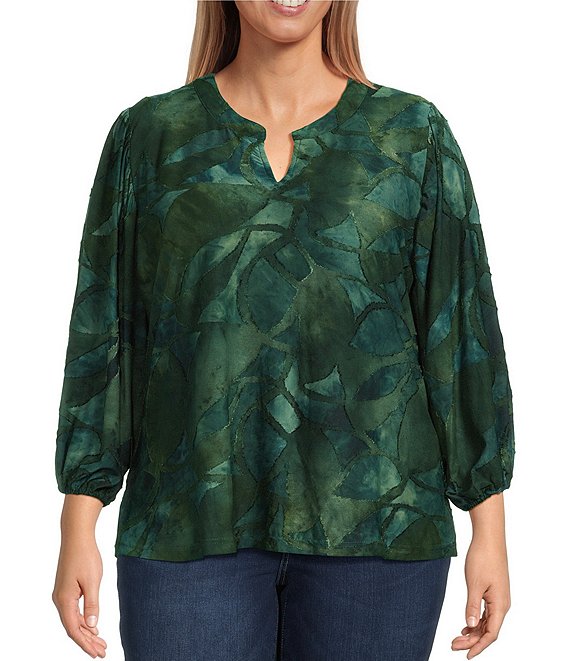 Calessa Plus Size Burnout Tie-Dye Split V-Neck Wrist Length Sleeve Tunic, Turquoise Multi - Image 1