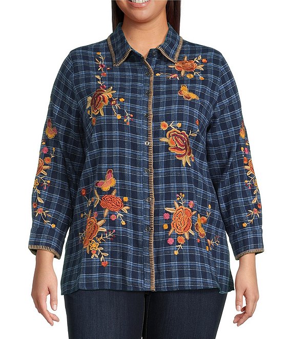Calessa Plus Size Crinkle Embroidered Floral Point Collar Wrist Length Sleeve Button Front Shirt, Navy Multi - Image 1