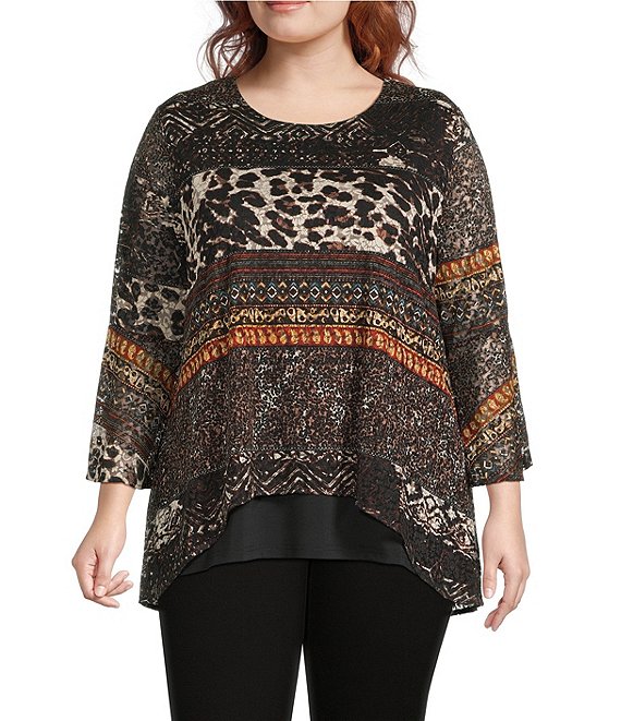 Calessa Plus Size Double Layered Mesh Animal Print Hi-low Scoop Neck Wrist Length Sleeve Tunic, Black Multi - Image 1