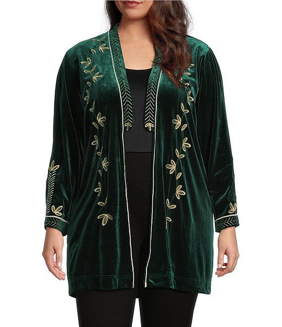 Calessa Plus Size Embroidered Long Sleeve Open-Front Velvet Cardigan, Emerald Multi - Image 1