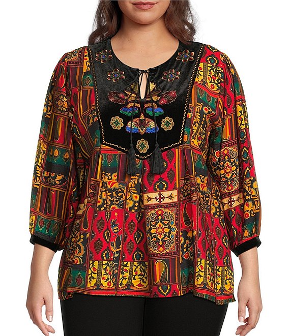 Calessa Plus Size Embroidered Patchwork Print Split V-Neck 3/4 Sleeve Tassel Tie Tunic, Gold Multi - Image 1