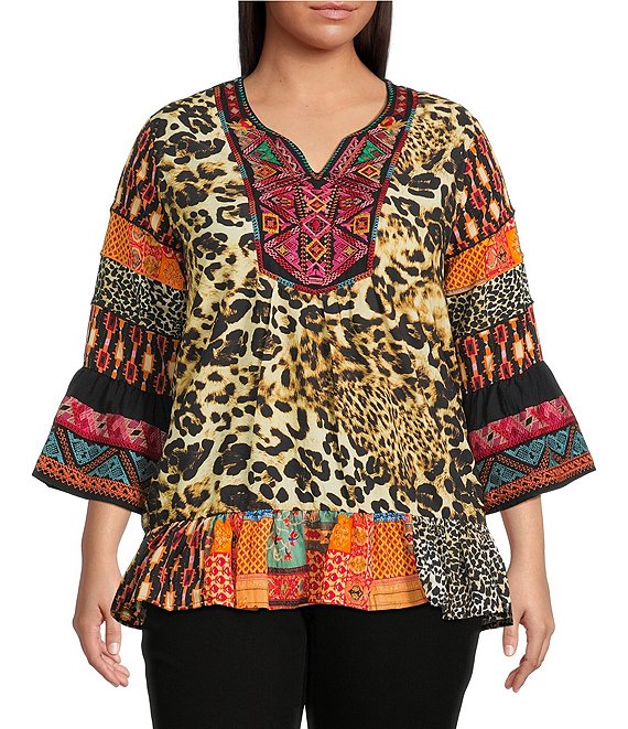 Calessa Plus Size Embroidered Cheetah Patchwork Print Split V-Neck 3/4 Sleeve Tunic, Black Multi - Image 1