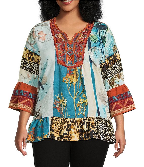 Calessa Plus Size Embroidered Patchwork Split V-Neck 3/4 Sleeve Tunic, Turquoise Multi - Image 1