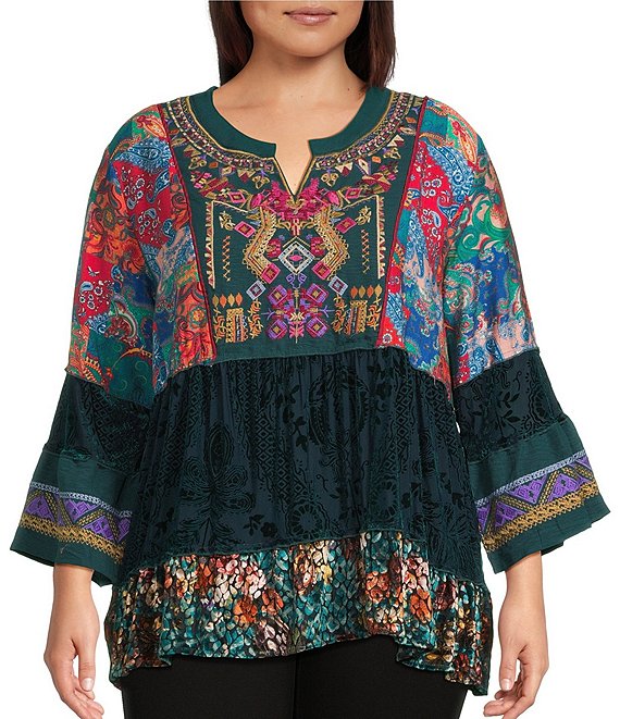 Calessa Plus Size Embroidered Patchwork Split V-Neck 3/4 Sleeve Tunic, Emerald Multi - Image 1