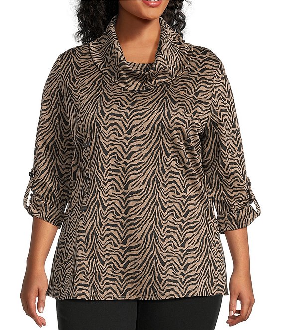Calessa Plus Size Jacquard Knit Zebra Print Cowl Neck 3/4 Sleeve Tunic, Sand/Black - Image 1