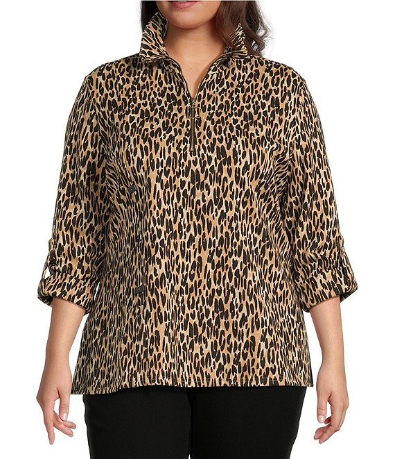 Calessa Plus Size Knit Textured Leopard Print Wire Collar Zip Front 3/4 Sleeve Tunic, Gold/Black - Image 1
