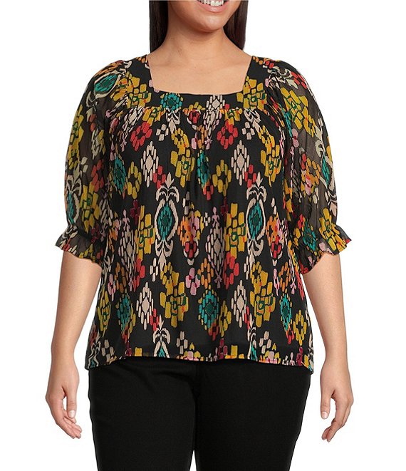 Calessa Plus Size Mesh Knit Abstract Ikat Print Square Neck Elbow Sleeve Tunic, Black Multi - Image 1