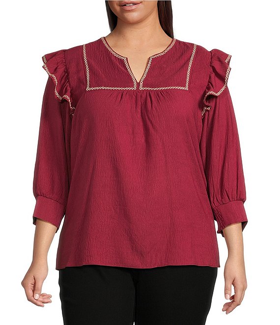 Calessa Plus Size Ruffle Shoulder Contrast Stitching Split V- Neck 3/4 Sleeve Tunic, Crimson - Image 1