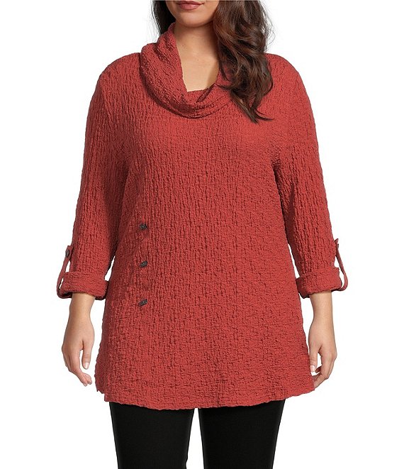 Calessa Plus Size Solid Textured Cowl Neck Roll-Tab Sleeve Tunic, Rust - Image 1