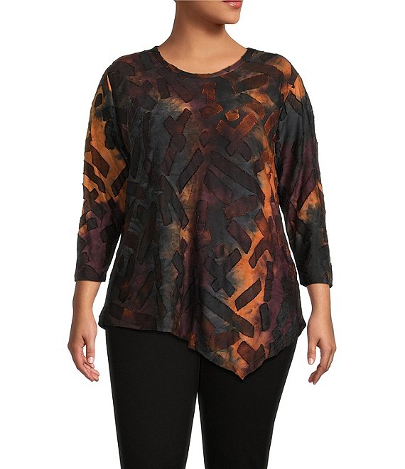 Calessa Plus Size Tie-Dye Print Crew Neck 3/4 Sleeve Asymmetric Tunic, Chocolate Multi - Image 1