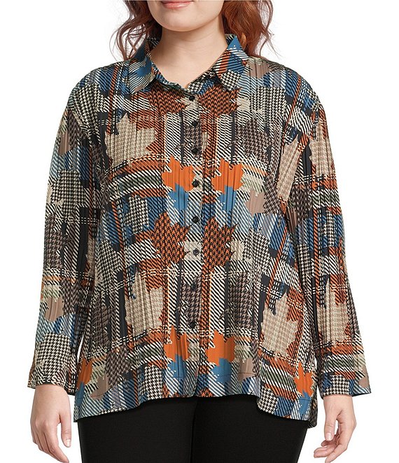 Calessa Plus Size Patchwork Check Print Woven Point Collar Long Sleeve Button-Front Flute Pleated Tunic, Sand Multi - Image 1
