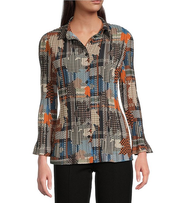 Calessa Woven Patchwork Check Print Spread Collar Long Sleeve Button-Front Flute Pleat Tunic, Sand Multi - Image 1