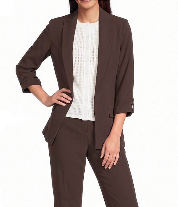 Calvin Klein Coordinating Crepe Notch Collar Roll Tab Sleeve Open Front Jacket