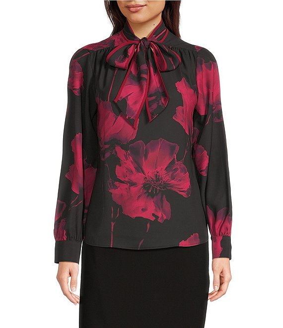 Calvin Klein Georgette Tie Neck Long Sleeve Button Front Blouse, Cranberry Multi - Image 1