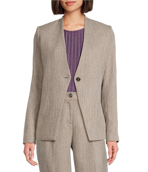 Calvin Klein Novelty Collarless One Button Jacket, Oyster Multi - Image 1