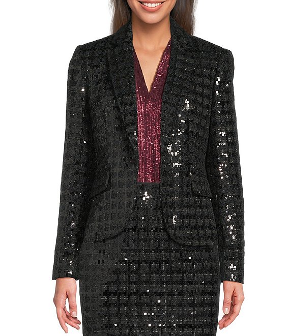 Calvin Klein Novelty Shine Notch Lapel Long Sleeve One Button Jacket, Black Multi - Image 1