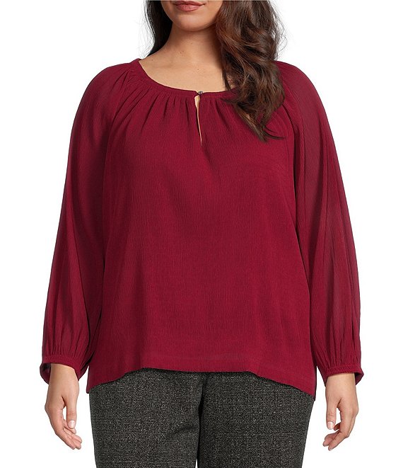 Calvin Klein Plus Size Solid Woven Crew Neck Long Sleeve Pleated Top, Persimmon - Image 1