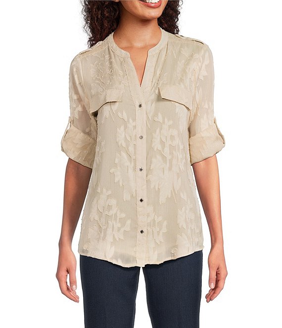 Calvin Klein Textured Novelty Crew Neck Roll Tab Sleeve Button Front Blouse, Latte - Image 1