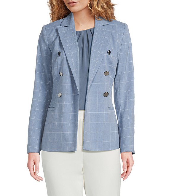 Calvin Klein Windowpane Twill Peak Lapel Long Sleeve Double Breasted Jacket, Flint/Cream - Image 1