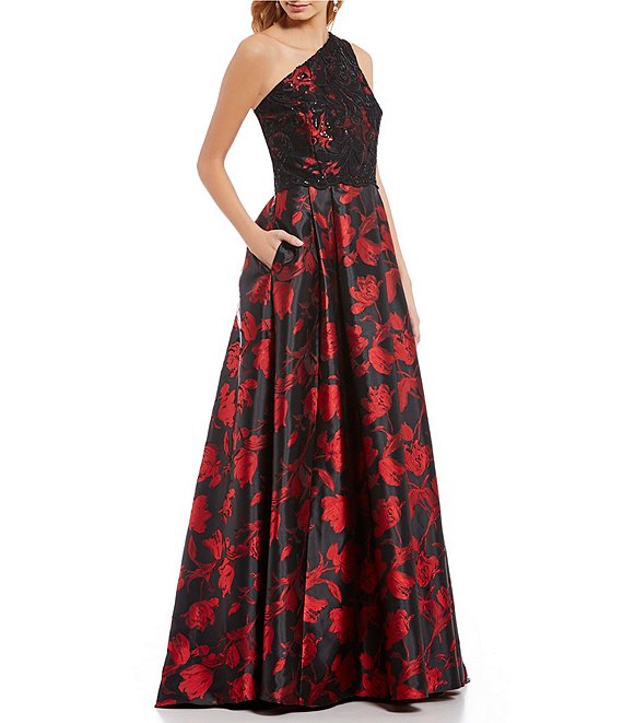 Carmen Marc Valvo One Shoulder Floral Print Brocade Ballgown