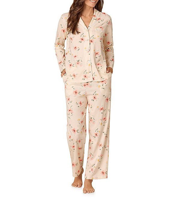 Carole Hochman Floral Print Long Sleeve Notch Collar Jersey Knit Button Front Long Pajama Set, Garden Floral - Image 1