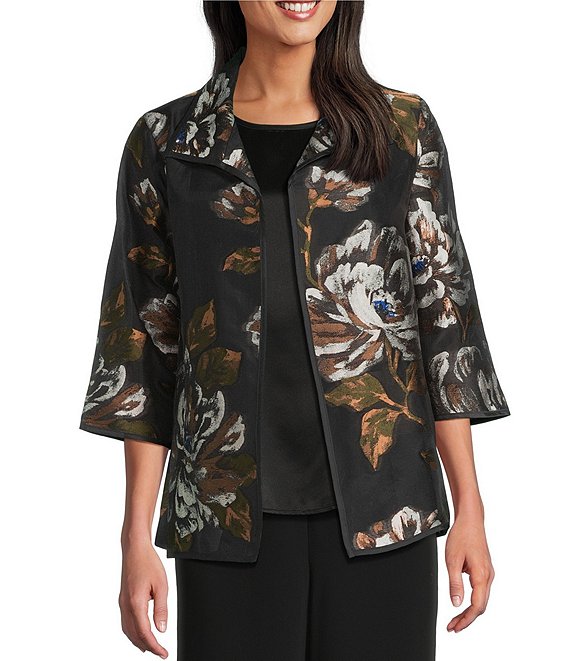 Caroline Rose Autumn Bloom Devore Spread Collar 3/4 Sleeve Jacket, Multi Black - Image 1