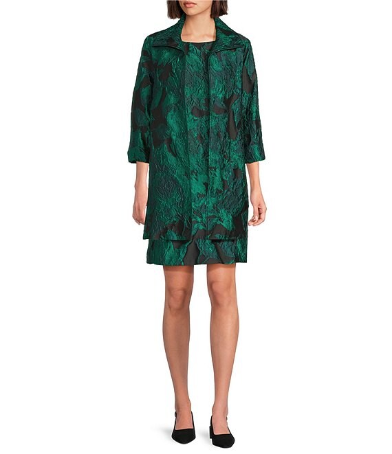 Caroline Rose Floral Pattern Cloque Jacquard Spread Collar 3/4 Sleeve Open-Front Statement Jacket, Emerald/Black - Image 1