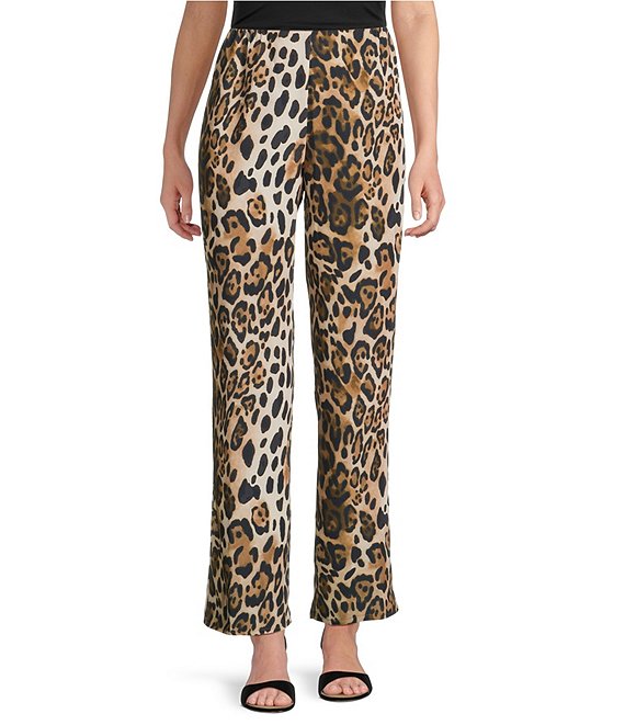 Caroline Rose Coordinating Leopard Print Matte Crepe Flat Front Pull-On Straight Leg Pants, Multi Black - Image 1
