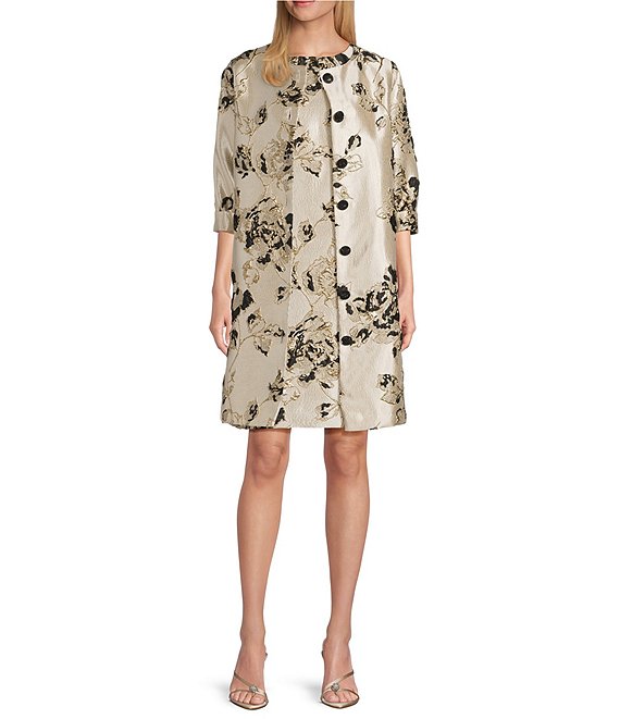 Caroline Rose Lustrous Fiore Brocade Round Neck 3/4 Sleeve Button-Front Long Statement Jacket, Champagne/Black - Image 1