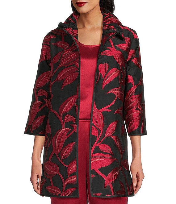 Caroline Rose Luxe Leaf Pattern Devore Ruched Collar 3/4 Sleeve Open-Front Statement Jacket, Red/Black - Image 1
