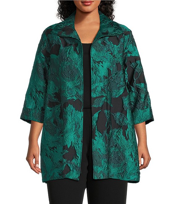 Caroline Rose Plus Floral Pattern Cloque Jacquard Spread Collar 3/4 Sleeve Open-Front Statement Jacket, Emerald/Black - Image 1