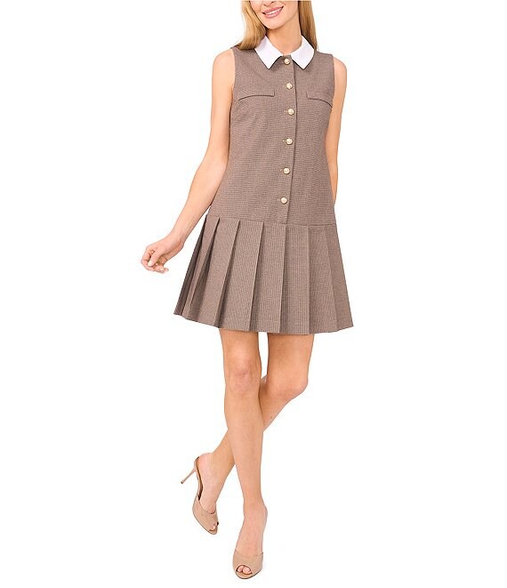 CeCe Pleated Button Front Houndstooth Mini Dress, Safari - Image 1