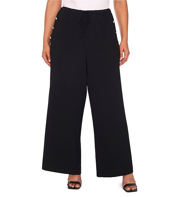 CeCe Plus Size Satin Wide Leg Drawstring Pants, Rich Black - Image 1