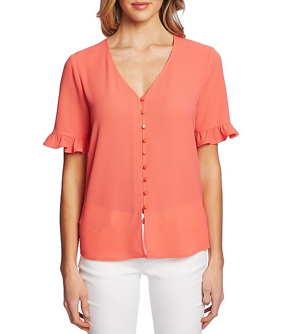 CeCe Short Sleeve Ruffle Hem Button Front Blouse