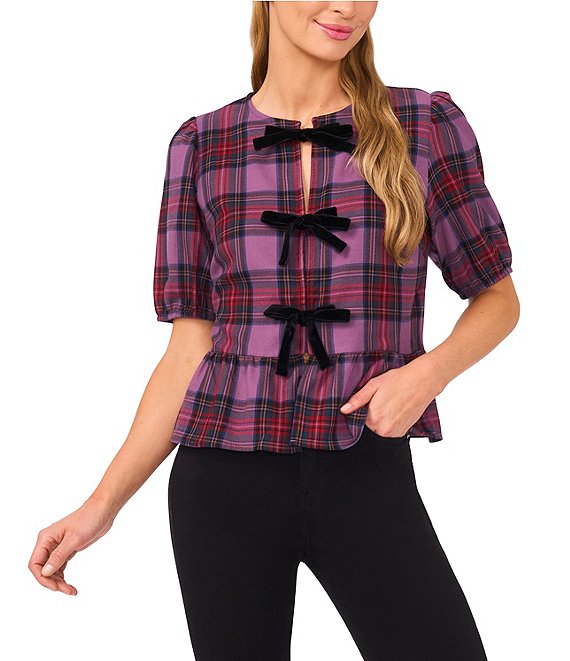 CeCe Woven Coordinating Plaid Print Round Neck Short Sleeve Bow Front Top, Violet - Image 1