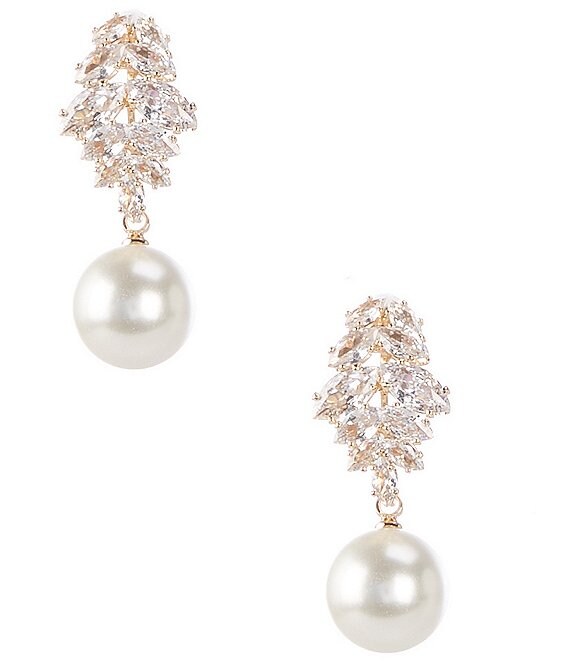 Cezanne Crystal CZ Navette Stone Cluster Pearl Drop Earrings