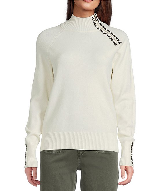 Charlie B. Knit Turtleneck Long Sleeve Heart Stitch Sweater, Cru Ecru - Image 1