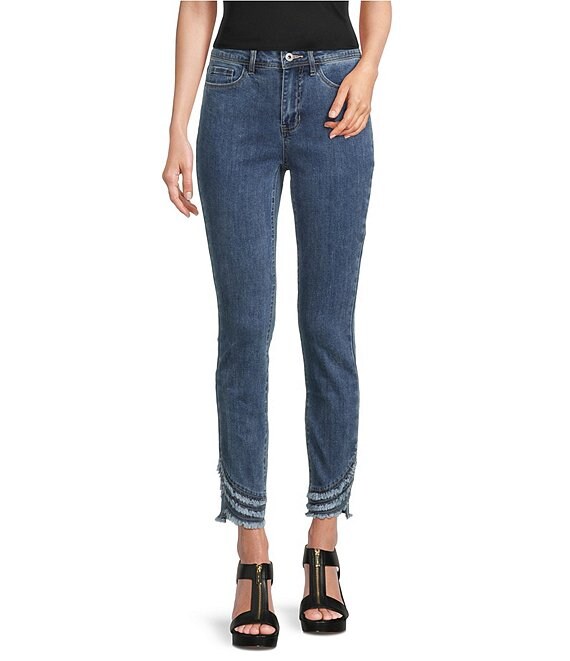 Charlie B. Stretch Denim 5 Pocket Frayed Hem Jeans, Medium Blue - Image 1