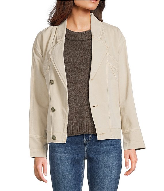 City Blues Notch Collar Long Sleeve Button Front Spliced Retro Denim Jacket, Bone White - Image 1