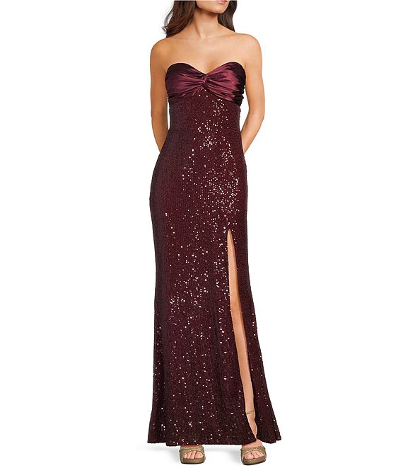 City Vibe Sequin Mesh Strapless Twist Front Bandeau Long Dress, Wine - Image 1