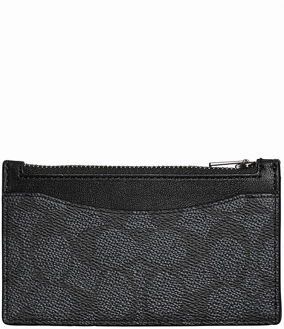 COACH Signature Coated Canvas/Refined Calfskin Leather Zippered Card Case, Black Sigure - Image 1