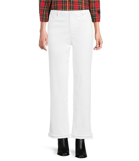 Code Bleu Petite Size Stretch Denim Straight High Rise Double Frayed Hem Ankle Jeans, Bright White - Image 1