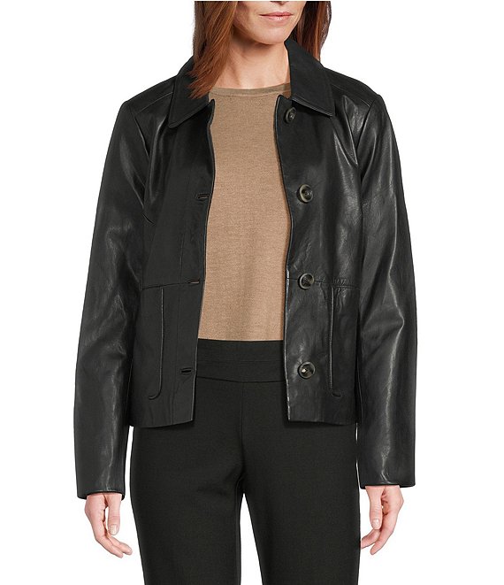 Cole Haan Leather Point Collar Long Sleeves Button Front Trucker Jacket, Black - Image 1