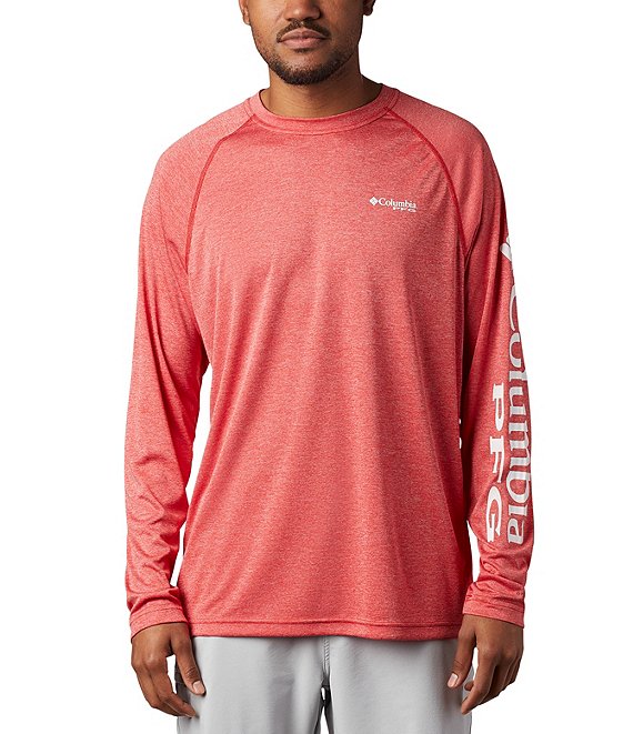 Color:Red Spark Heather/White Logo - Image 1 - PFG Terminal Tackle Heather Long-Sleeve Rashguard Tee