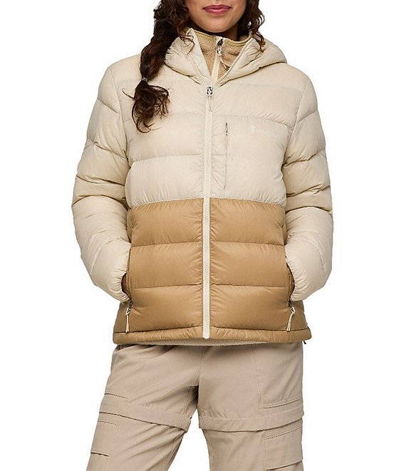 Cotopaxi Fuego Max Down Hooded Stand Collar Zip Front Puffer Jacket, Cream Khaki - Image 1