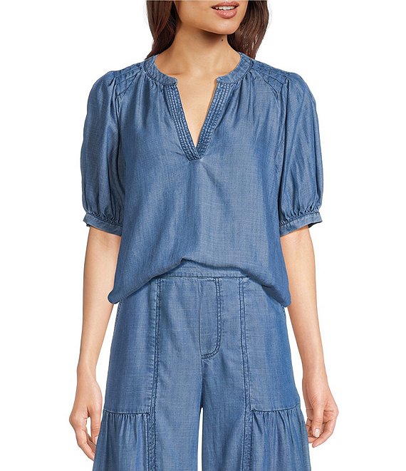 Current Air Coordinating Chambray V-Neck Short Sleeve Pullover Blouse, Chambray - Image 1