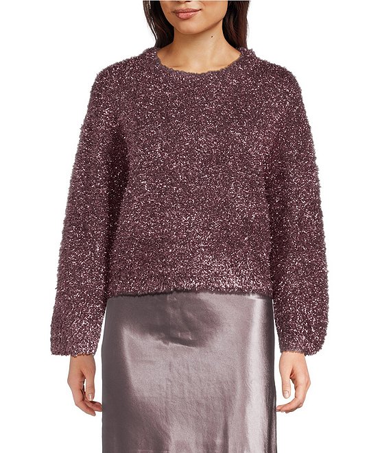 Current Air Fuzzy Lurex Bell Sleeve Boxy Sweater, Berry - Image 1