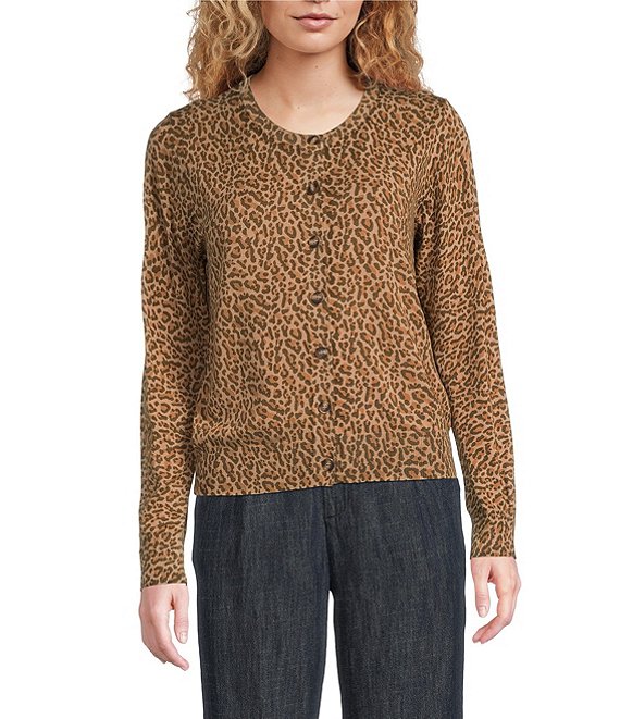 Current Air Leopard Print Crew Neck Long Sleeve Button Front Cardigan, Leopard - Image 1