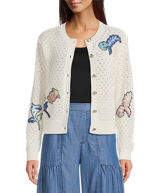 Current Air Open Stitch Applique Button Front Cardigan, Ivory - Image 1
