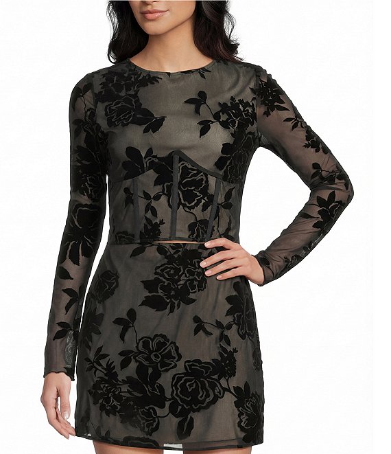 C&V Chelsea & Violet Round Neck Long Sleeve Flocked Mesh Coordinating Corset Top, Black - Image 1